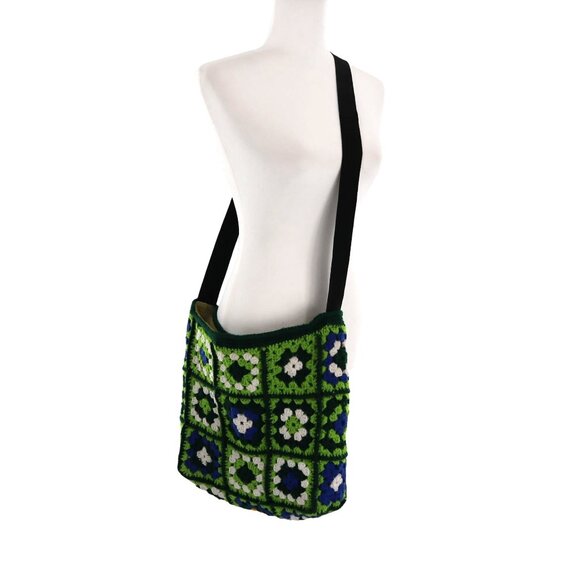 Crochet Granny Square Crossbody Bag Womens Green Retro Groovy Boho Festival - Picture 1 of 9